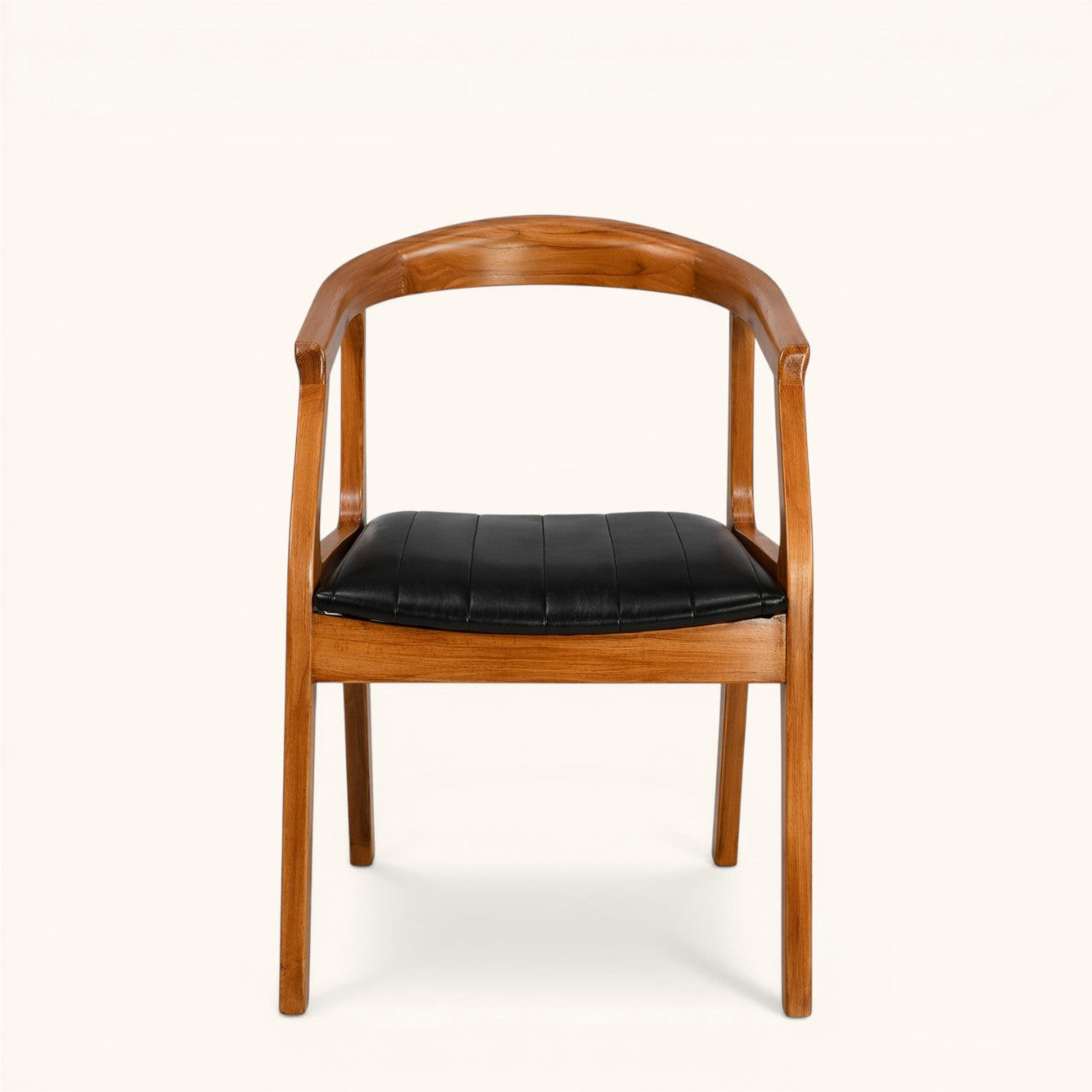 Esszimmerstuhl aus Holz mit offener Rückenlehne, integrierten Armlehnen und schwarzer gepolsterter Sitzfläche, moderner Designerstuhl für Esszimmer und Wohnbereich