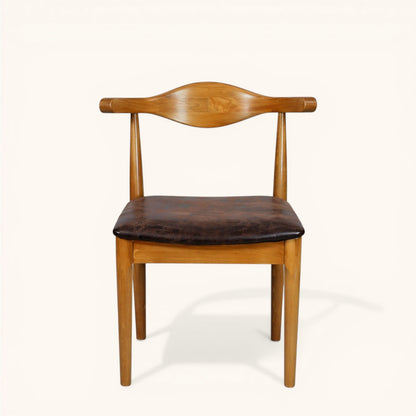 Esszimmerstuhl aus Holz mit geschwungener Rückenlehne und dunkel gepolsterter Sitzfläche, klassischer Designerstuhl für Esszimmer und Wohnbereich